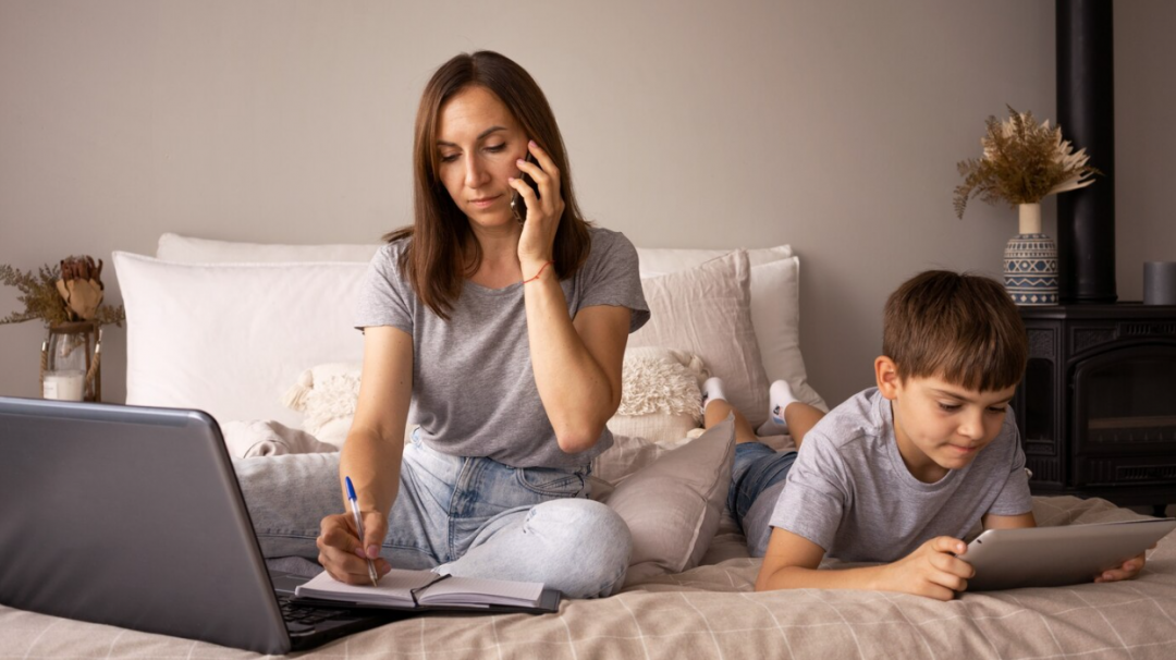 Mother talking on the phone with her son