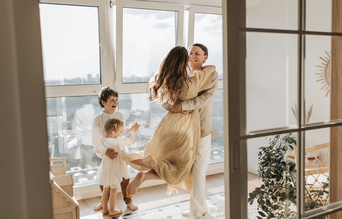 Family in the apartment at the photo shoot.