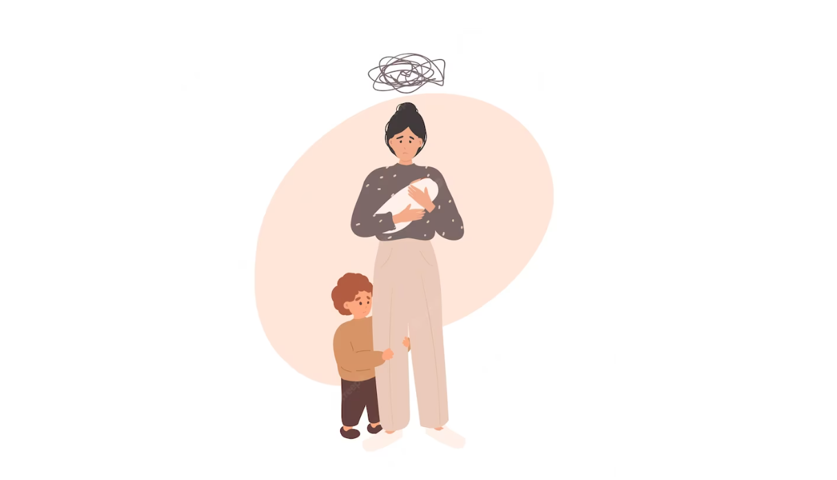 vector picture of single woman with baby, child toddler, and chaos line