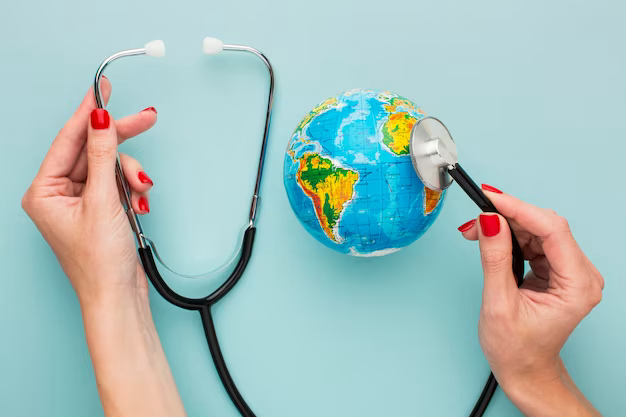 Top view of hands holding stethoscope with globe